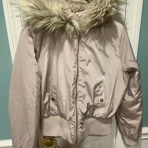 Women’s pale pink bomber with fur hood size large